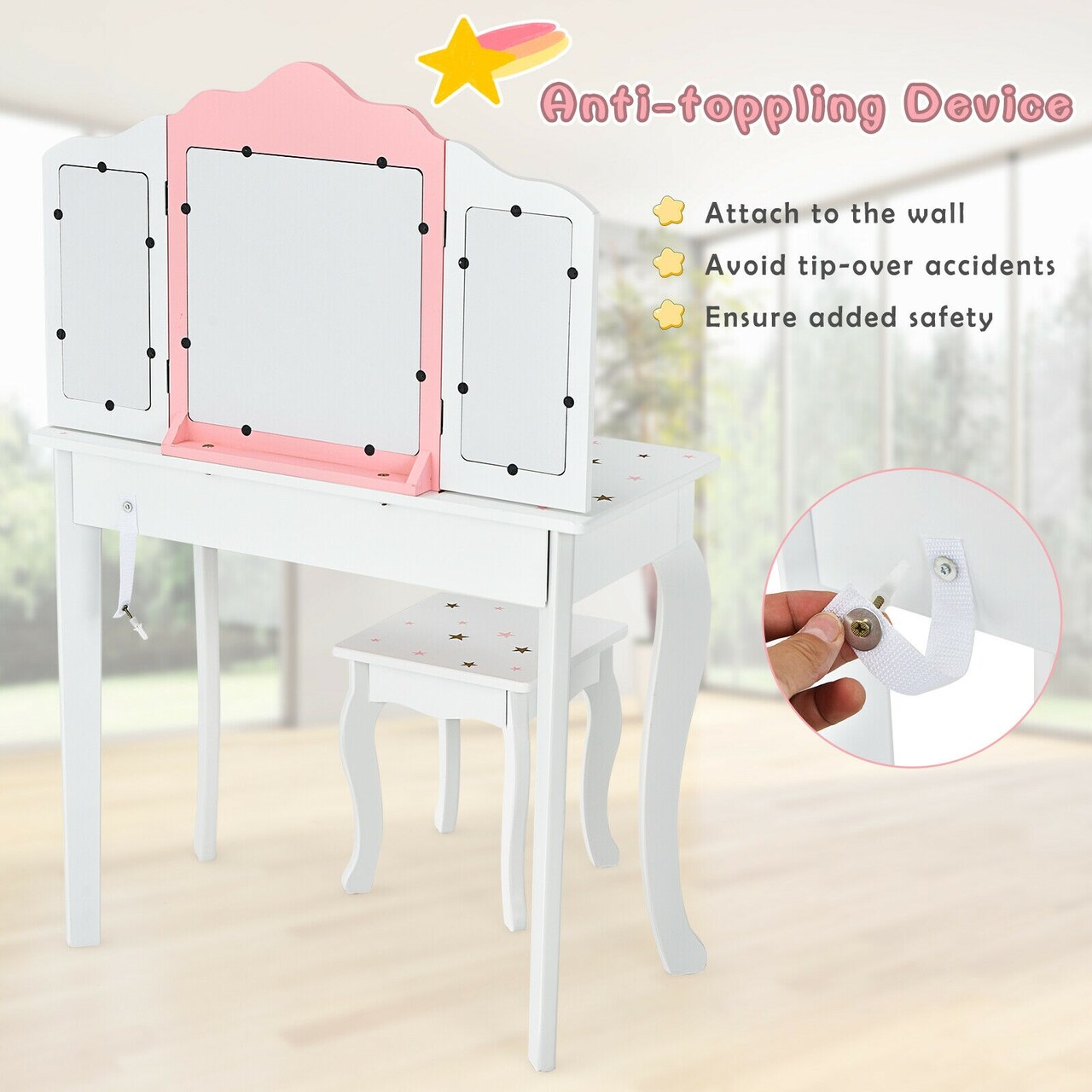 Kids Vanity Princess Makeup Dressing Table Chair Set with Tri-folding Mirror
